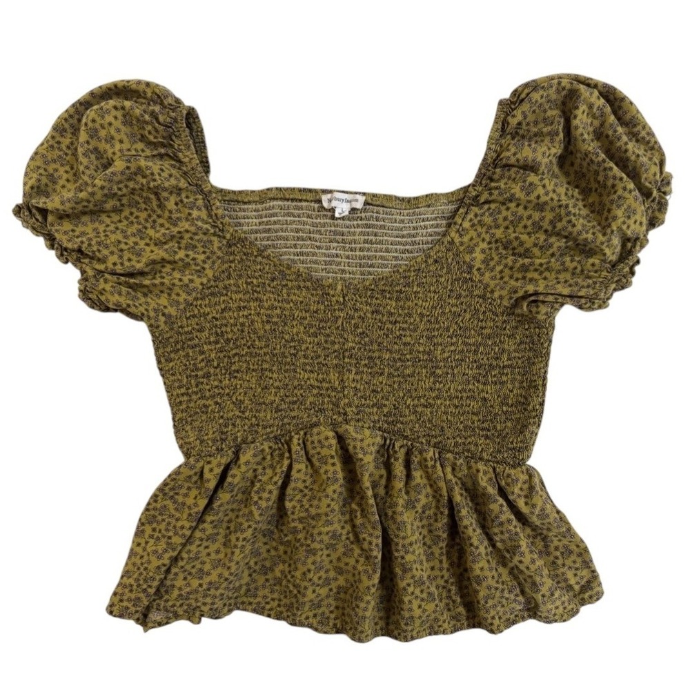 Newbury‎ Kustom Peplum Top Women L Green Floral Smocked Puff Sleeve Square Neck